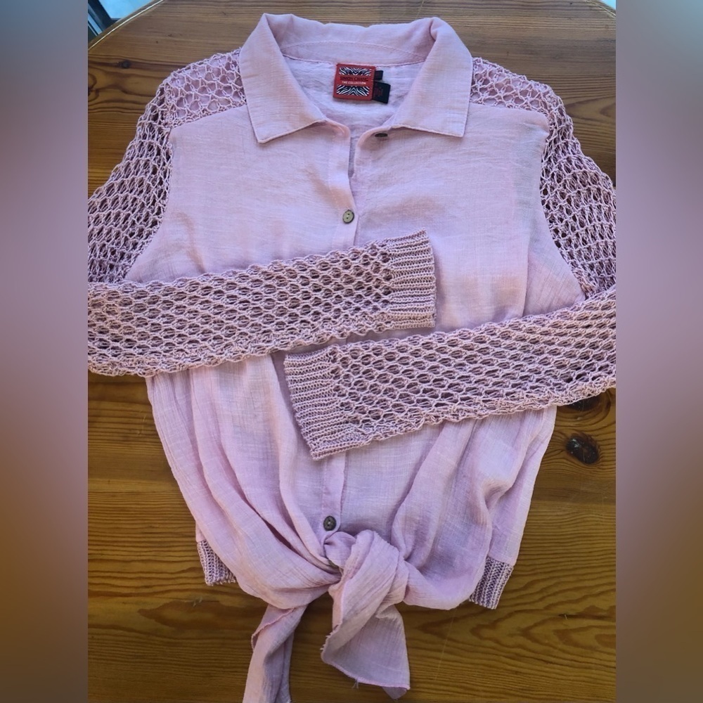 Simon Chang the collection pink button up crochet shirt - Picture 8 of 10